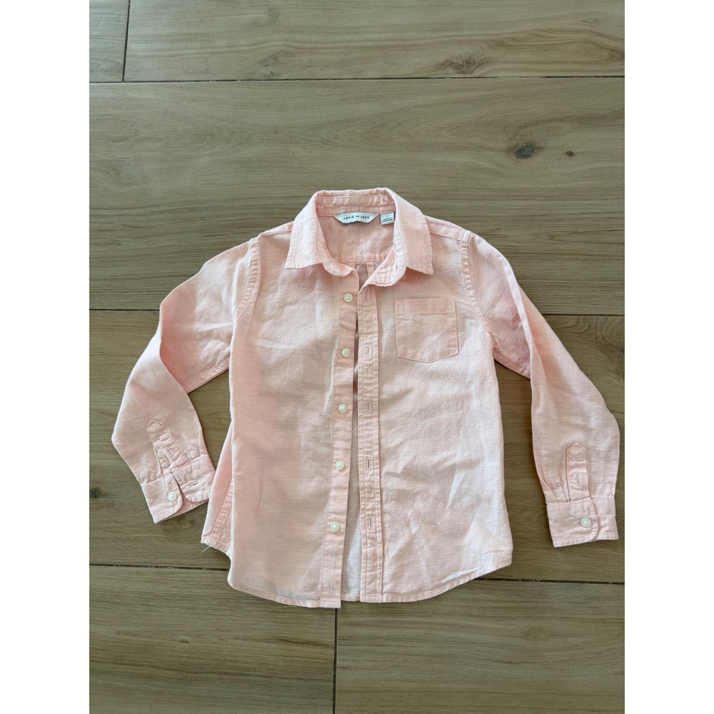 Janie and Jack Kids Peach Pink Linen Blend Long Sleeve Button Down Shirt Size 4